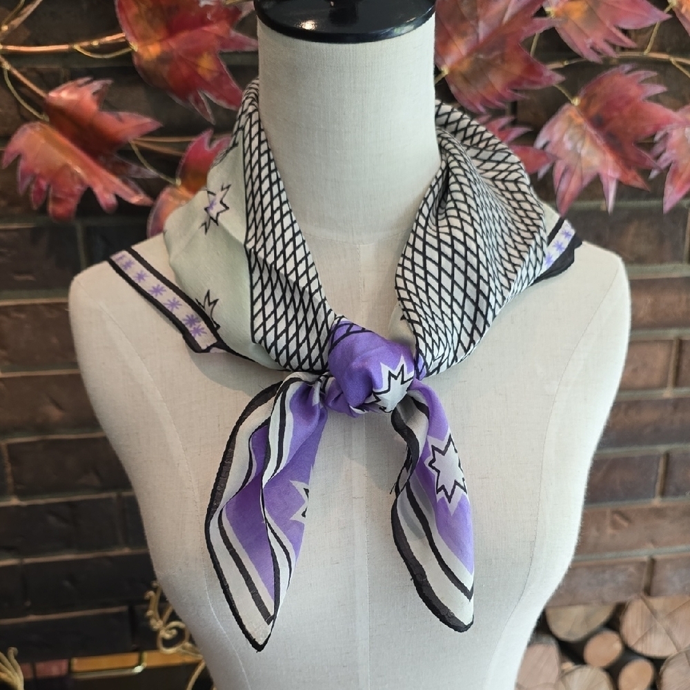 Vintage Silk Scarf, Geometric Star Patterns, Black, White & Purple